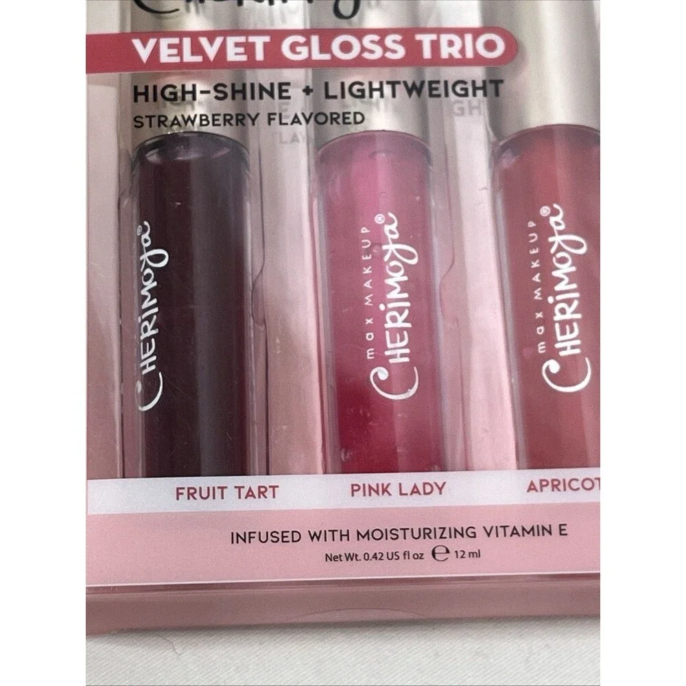 2 Max Make-Up Cherimoya Velvet Lip Gloss Trio High-Shine Strawberry 3 Pk/Ea NEW